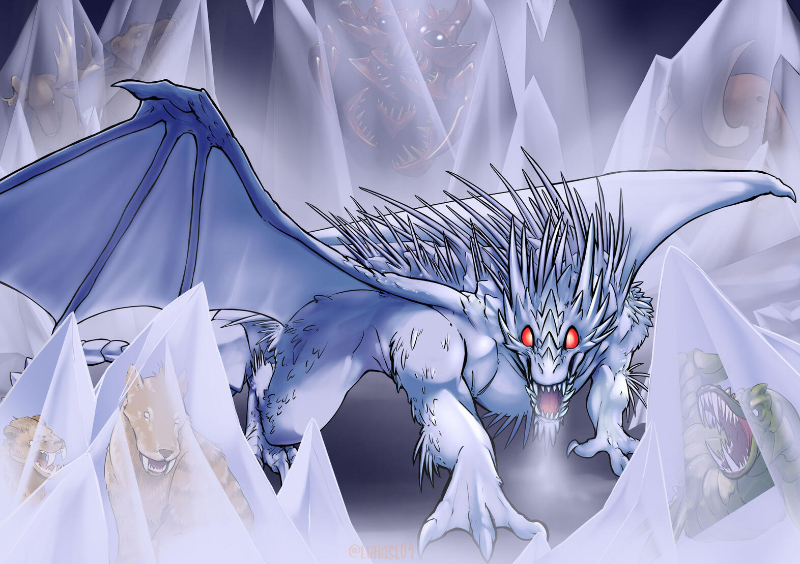a drawing of white dragon in their lair, surrounded by ice blocks with diverse kind of monsters inside