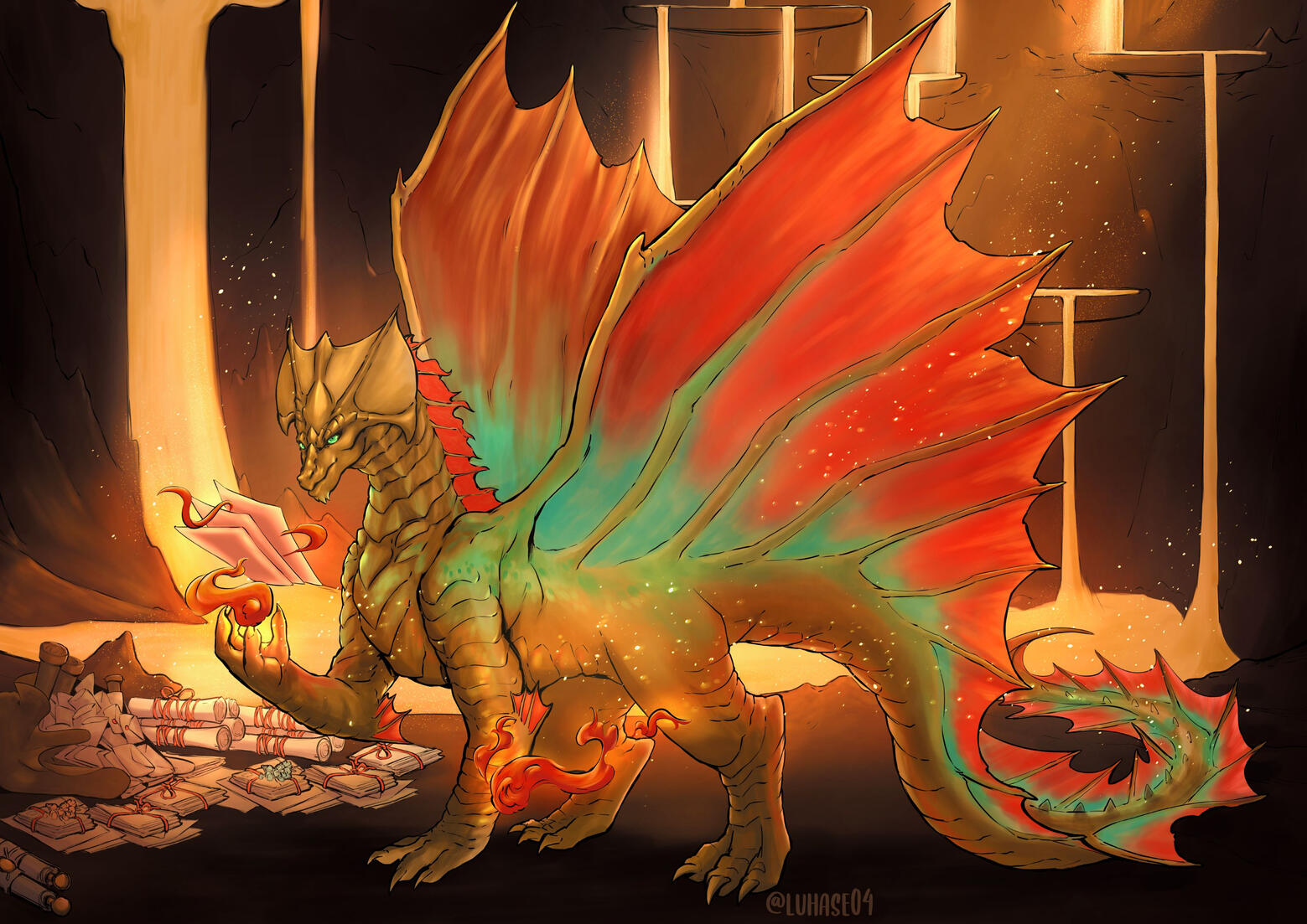 Brass dragon Arthur a drawing of a brass dragon in their sand lair, a collection of magical itens around and sparks of their fire magic